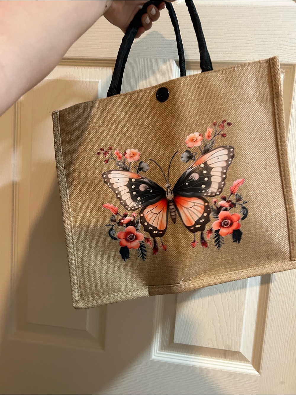 Stylish Butterfly Print Tote Bag in Natural with Black Handles